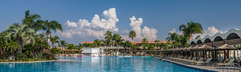 Het immense lagune-stijl zwembad van Blue Lagoon Resort op Kos, omringd door palmbomen en relaxte ligbedjes onder een strakblauwe lucht.