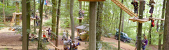 Overzicht van het avontuurlijke klimbos (Kletterwald) in Eschwege, met diverse klimmers op verschillende parcoursen tussen de bomen.