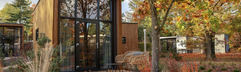 Een moderne, houten 'tiny house' vakantiewoning met een grote glazen pui, gelegen in de bossen van Droompark Hooge Veluwe in de herfst.