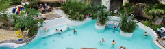 Overzicht van het subtropische zwemparadijs Aqua Mundo in Park Nordseeküste met diverse zwembaden, palmbomen en een glijbaan.