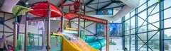 Het kleurrijke peuter- en kinderbad in het binnenzwembad van Landal 't Loo, met een brede gele glijbaan en een waterspeeltuin.
