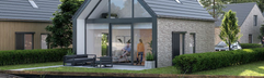 Een moderne watervilla met een groot terras direct aan het water op Landal Waterresort Blocksyl in Overijssel.