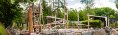 Natuurlijke speeltuin met houten speeltoestellen, gelegen tussen de vakantiewoningen op Resort Veluwe.