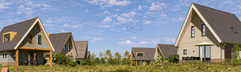 Een reeks vrijstaande, duurzame vakantiewoningen met een strak design, gelegen aan een groot ven op Vakantiepark De Strabrechtse Vennen.