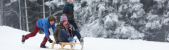 Een familie glijdt met een houten slee lachend van een besneeuwde heuvel in de omgeving van Winterberg.