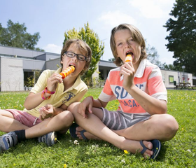 Twee jongens genieten van een waterijsje op een grasveld op een zonnige dag bij Bungalowpark Hoenderloo