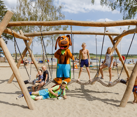 Kinderen spelen samen met de Molecaten-mascotte op een houten klautertoestel op het zandstrand van Molecaten Park De Flaasbloem.