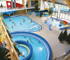 Overzicht van het zwemparadijs Brockenbad in Hasseröder Ferienpark, met een stroomversnelling, glijbaan en kinderbad.