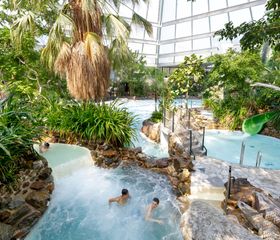 Overzicht van het subtropische zwemparadijs Aqua Mundo bij Het Heijderbos, met gasten in het water, een bubbelbad en veel tropische planten onder de glazen koepel.