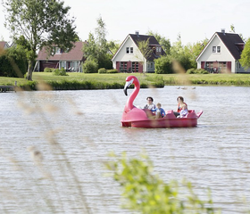 Kinderen in een roze flamingo waterfiets op de Grote Rietplas, met de vakantiehuizen van Sandur op de achtergrond.
