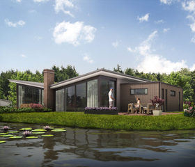 Een luxe en moderne vrijstaande bungalow met een terras direct gelegen aan een vijver vol waterlelies op Landal Amerongse Berg.