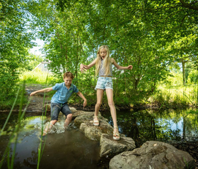 Een broer en zus balanceren op grote stenen in een waterplas, omringd door het groen van de natuurspeeltuin op Landal Klein Oisterwijk.