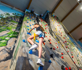 Een kind beklimt de uitdagende indoor klimwand in de indoorspeelhal van vakantiepark Landal Sonnenberg
