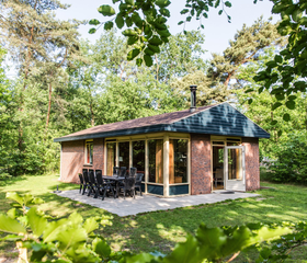 Een vrijstaande bungalow op Landal Twenhaarsveld, gelegen in het bos en voorzien van een terras met tuinmeubilair.