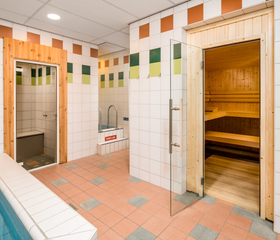 De wellness-ruimte bij het zwembad van Landgoed het Grote Zand, met een houten sauna voor ontspanning.