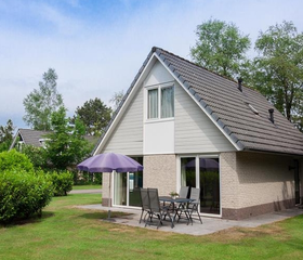 Vrijstaand vakantiehuis op Landgoed Ruwinkel met een ruime groene tuin en een terras met tuinmeubilair.
