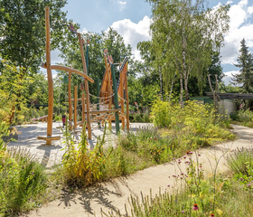 Een avontuurlijke houten speeltuin met diverse klimtoestellen midden in de natuur van Center Parcs Limburgse Peel.