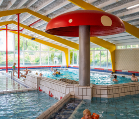Kleurrijk peuterbad met een paddenstoelfontein in het binnenzwembad van Recreatiepark 't Gelloo.