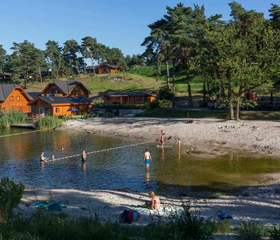 Kinderen en volwassenen genieten van het natuurwater en het zandstrand bij de recreatieplas van Resort Brunssummerheide, omringd door bomen en lodges.