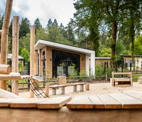 Houten speeltoestellen van de Silva speeltuin op Resort Veluwe, gelegen tussen de bomen.