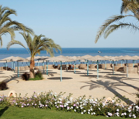 Het privé zandstrand van Three Corners Sunny Beach Resort aan de Rode Zee, met rieten parasols en ligbedjes.