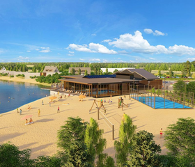 Artist impression van het levendige zandstrand met speeltoestellen en het houten centrumgebouw aan de recreatieplas op De Strabrechtse Vennen.