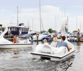 Twee gezinnen varen in witte waterfietsen in de vorm van een zwaan door de jachthaven van Zeewolde.