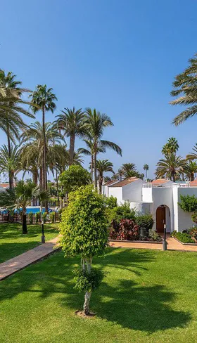 witte vakantiehuisjes tussen groene palmen en gras onder een blauwe hemel bij tui