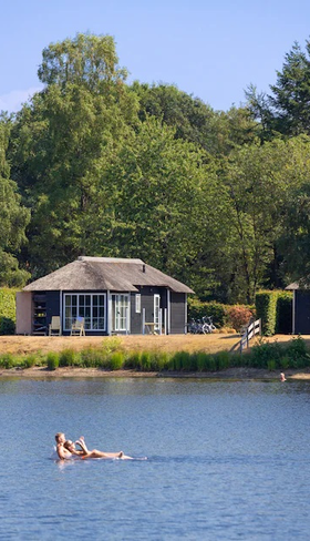 Een persoon zwemt in de grote recreatieplas op vakantiepark De Tolplas in Overijssel, met op de achtergrond vakantiehuizen aan het water.