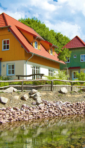 De kleurrijke vakantiehuizen van Hasseröder Ferienpark in de Harz, gelegen in een groene omgeving aan een beekje.