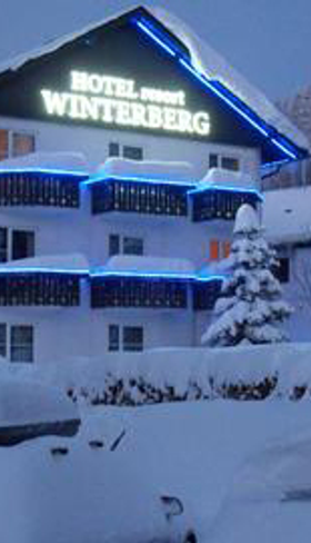 De buitenkant van het sfeervol verlichte Hotel Winterberg Resort in de avond, omringd door een dik pak sneeuw.