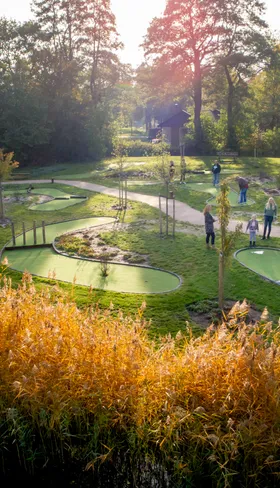 Gezinnen spelen adventure golf op de groene midgetgolfbaan van Landal Aelderholt, omringd door riet en bomen in de avondzon in Drenthe.