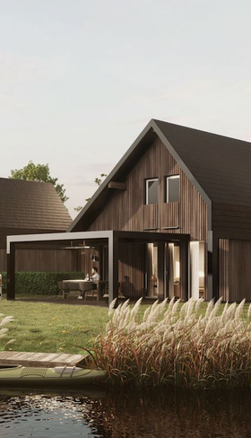 Sfeervolle houten vakantiewoning aan het water op Landal Elfstedenhart in Friesland, omringd door riet en natuur.