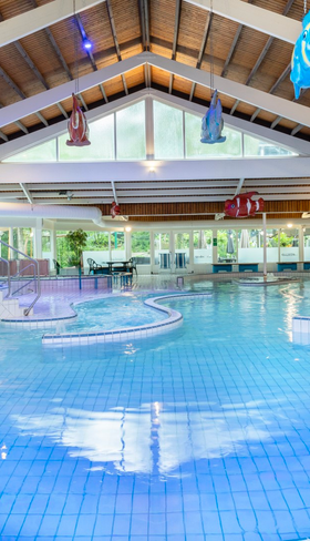 Overzicht van het subtropische zwemparadijs Aqua Mundo op Parc Heihaas, met een groot zwembad en glijbaan.