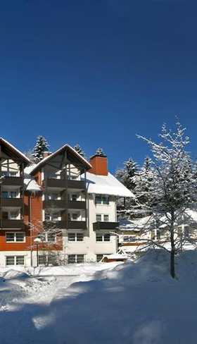 Het Relexa Hotel in Braunlage, gelegen in een prachtig winters landschap met veel sneeuw en bomen onder een helderblauwe hemel.