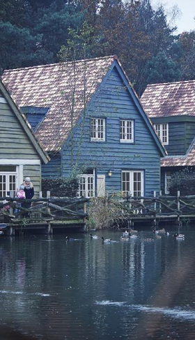 Sfeervolle houten Boshuysen aan het water in Vakantiepark Efteling Bosrijk, omgeven door natuur.