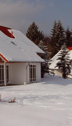 De sfeervolle vakantiehuizen van Vakantiepark Hasseröder, bedekt met een dik pak sneeuw in de bosrijke omgeving van de Harz.