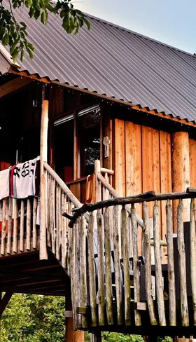 De buitenkant van een luxe houten boomhut met een ruim terras, gelegen aan de rivier de Regge op Vakantiepark Molke.