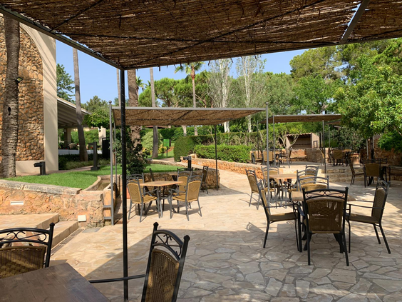 Een rustiek terras met een rieten overkapping bij Protur Safari Park, met zitjes die uitkijken op de groene tuin.
