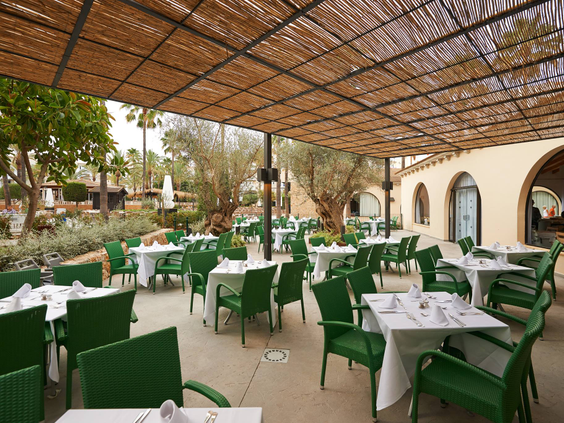 Het sfeervolle buitenterras van een restaurant bij Protur Safari Park, met groene stoelen en een rieten overkapping.