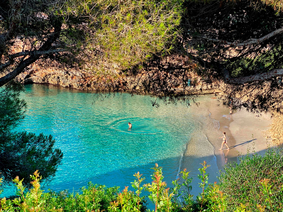 De idyllische baai Cala Esmeralda met helderblauw water en een zandstrand, direct gelegen bij Appartementen Esmeralda Park op Mallorca.