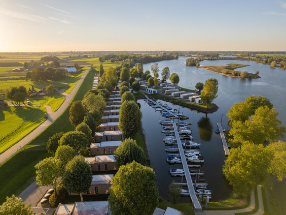 Luchtfoto van Vakantiepark Bad Nederrijn, met stacaravans en een jachthaven direct gelegen aan de Nederrijn in Gelderland.