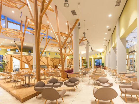 Het unieke interieur van de lobby van Blue Lagoon Resort, met grote houten structuren die lijken op bomen en moderne zitjes.