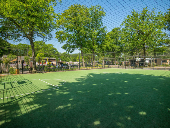 Groot groen speelveld op Bospark Ede, ideaal voor een potje voetbal of andere buitenspellen met het gezin.