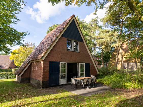 Buitenkant van een sfeervol A-frame vakantiehuis op bungalowpark De Katjeskelder in Noord-Brabant.