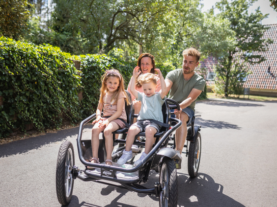 Een vrolijk gezin met twee kinderen rijdt in een grote familieskelter over een pad op vakantiepark De Katjeskelder.