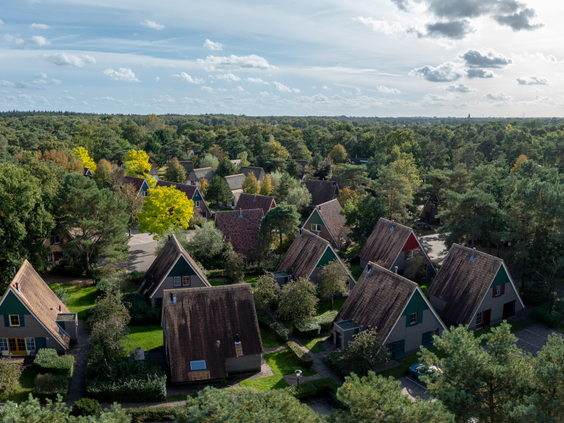 Luchtfoto van Bungalowpark De Katjeskelder waarop de vele A-frame bungalows te zien zijn, verscholen tussen de groene bomen van het bos.