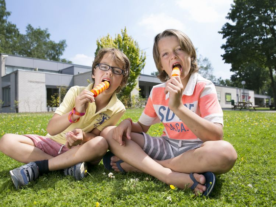 Twee jongens genieten van een waterijsje op een grasveld op een zonnige dag bij Bungalowpark Hoenderloo