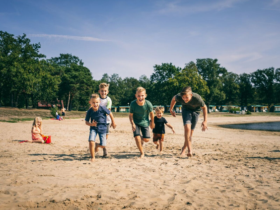 Groep vrolijke kinderen rent en speelt samen in het zand op het recreatiestrand van Camping de Schatberg.
