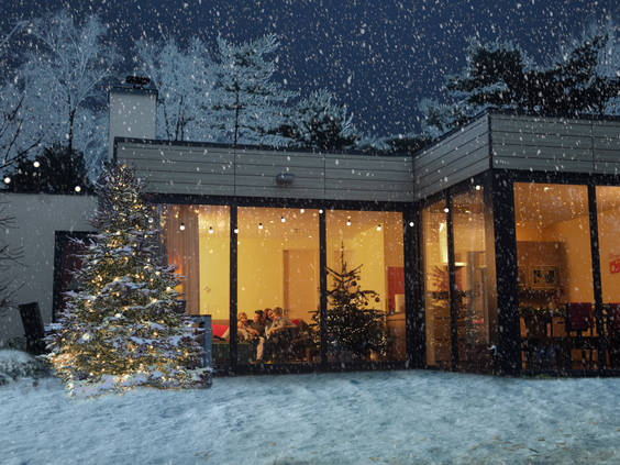 Een sfeervol verlichte cottage in een besneeuwd landschap bij Center Parcs De Kempervennen tijdens Winter Wonderland, met een kerstboom voor het raam.
